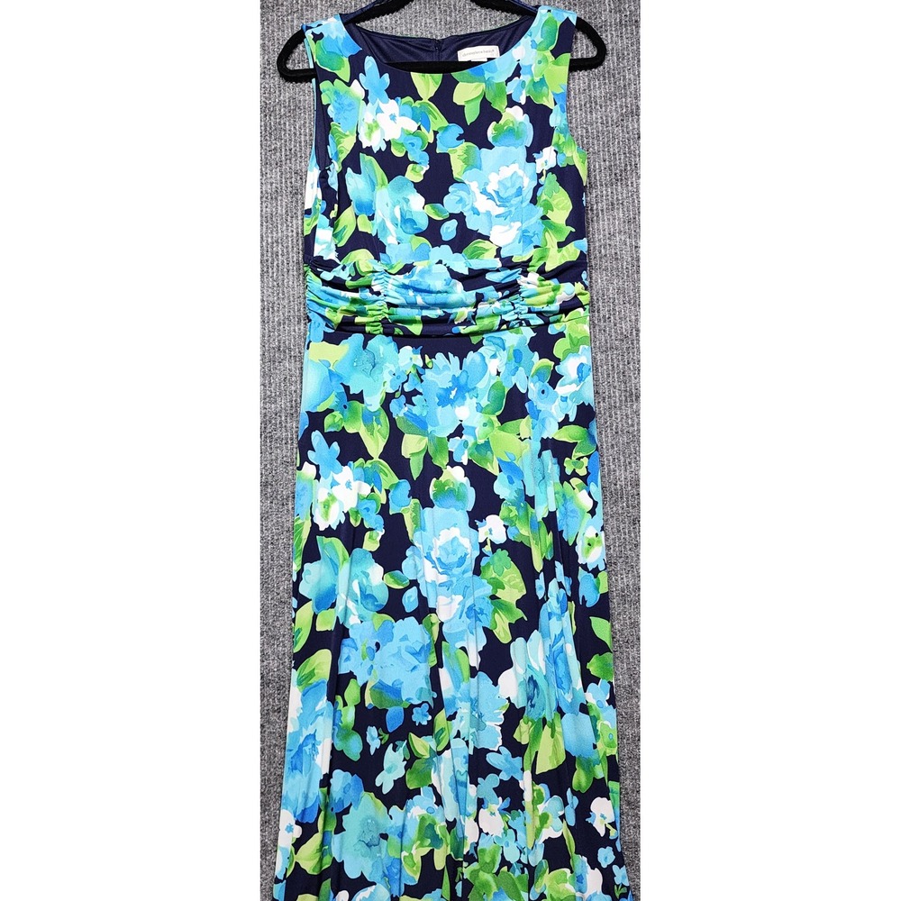 Christopher & Banks Blue Green Floral Ruched Waist Sleeveless Maxi Dress 10